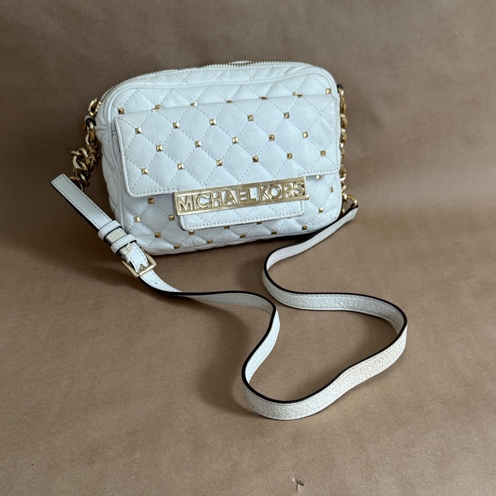 Michael Kors Sloan Editor White Quilted Leather Studded Crossbody Bag